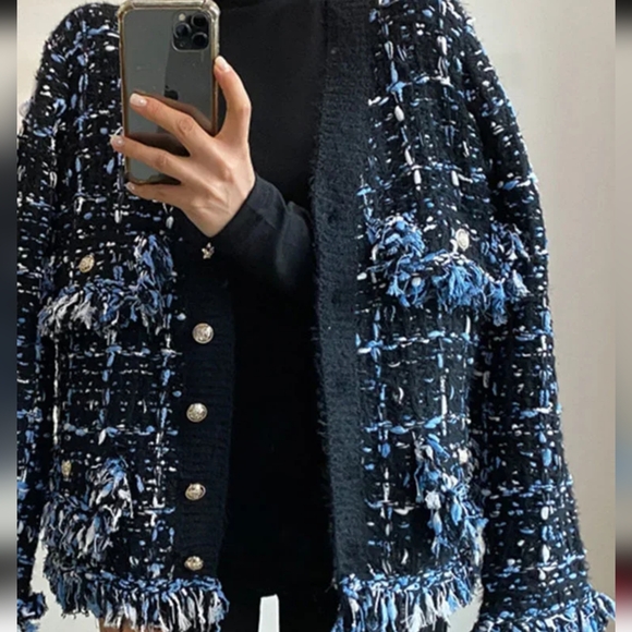 Tassels Patchwork Jacket Contrast Color V-neck Single Breasted Loose Coats - Picture 2 of 5